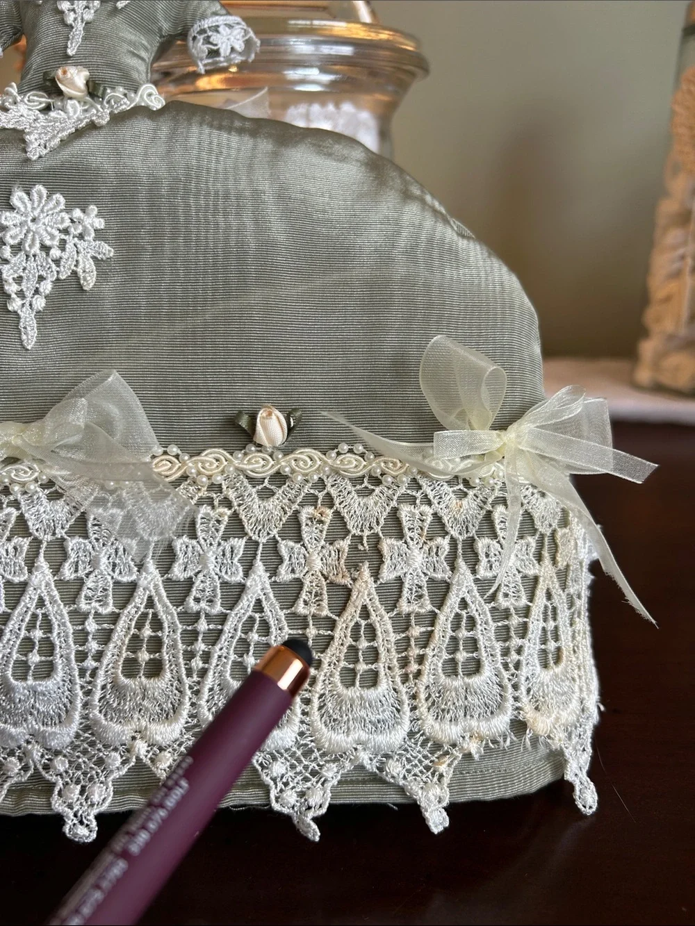 Tea pot cozy from Sweet Necessi Teas lace pearls satin bows roses formal.